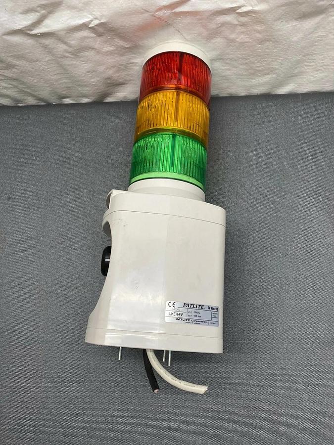 Used Patlite LKEH-FV Signal Tower w/ Horn and Red,Yellow, Green Light Stack