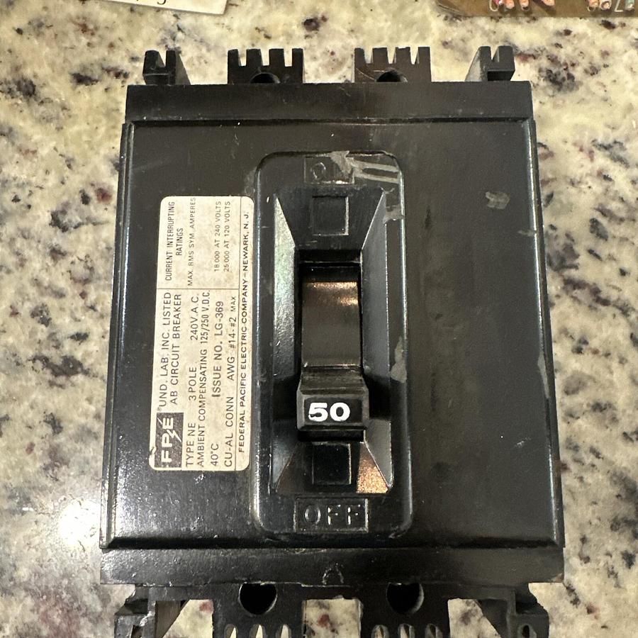 Used Federal Pacific Electric Company NE 50A 3 Pole Circuit Breaker