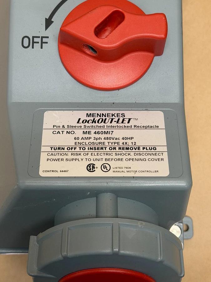 Used MENNEKES ME 460MI7 LockOUT-LET Pin & Sleeve Switched Interlocked Receptacle