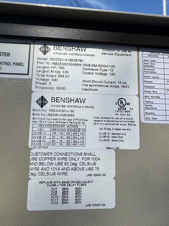 Used Benshaw RB23S0200480H12CB-DM-200041-00, Heavy Duty Soft Starter, 100 Hp @ 480 V