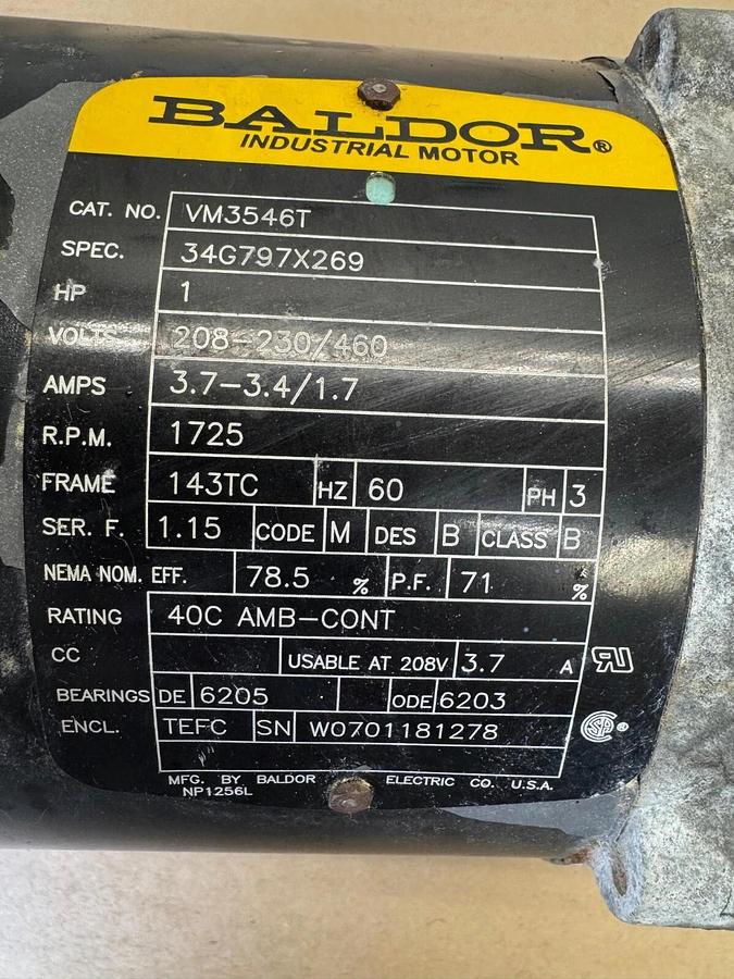 Used Baldor VM3546T Industrial Motor, 1 HP @ 1725 RPM, 34G797X269