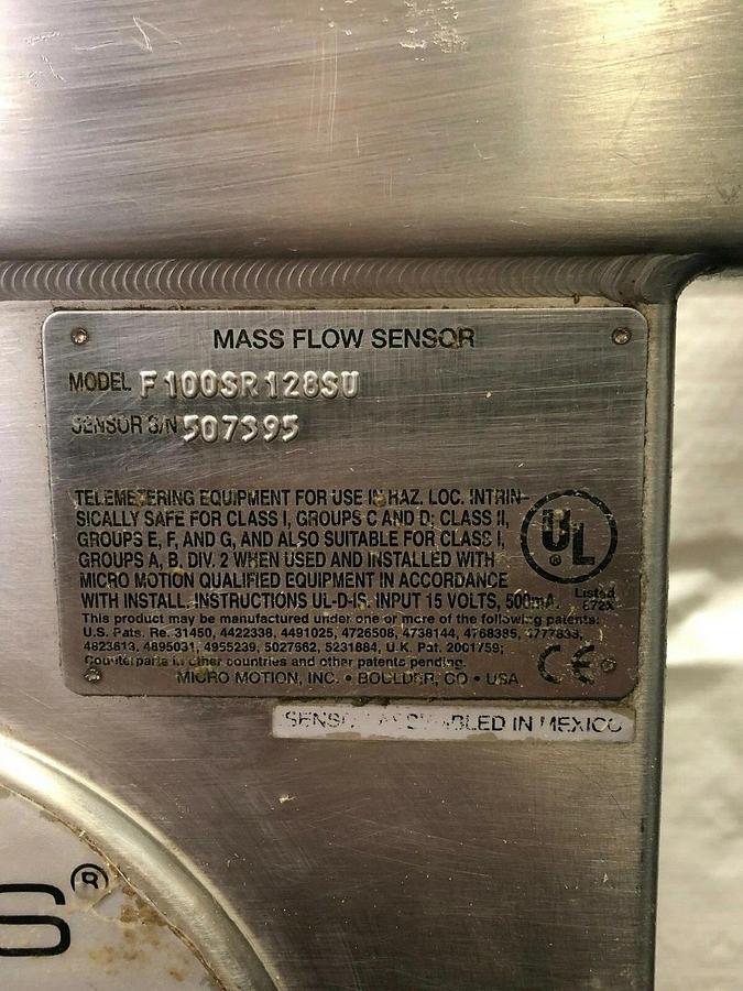 Used Micro Motion F100SR128SU, F Series Coriolanus Flow Meter, 1” Opening, 72 GPM