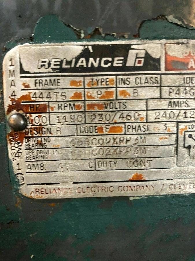 Used Reliance Electric 100HP 1180 RPM Electric Motor, Frame: 444TS