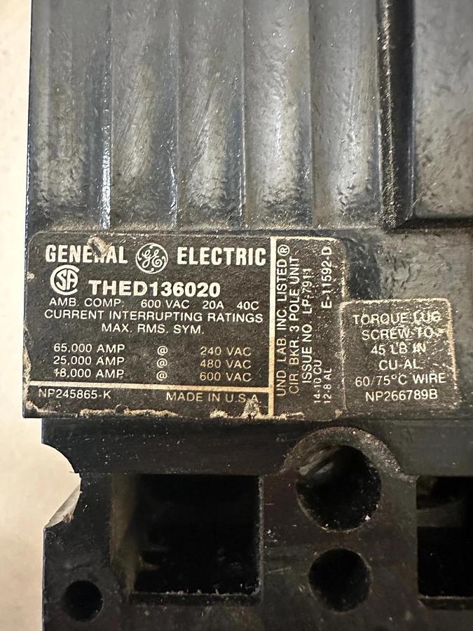 Used General Electric THED136020 20A 3 Pole Circuit Breaker