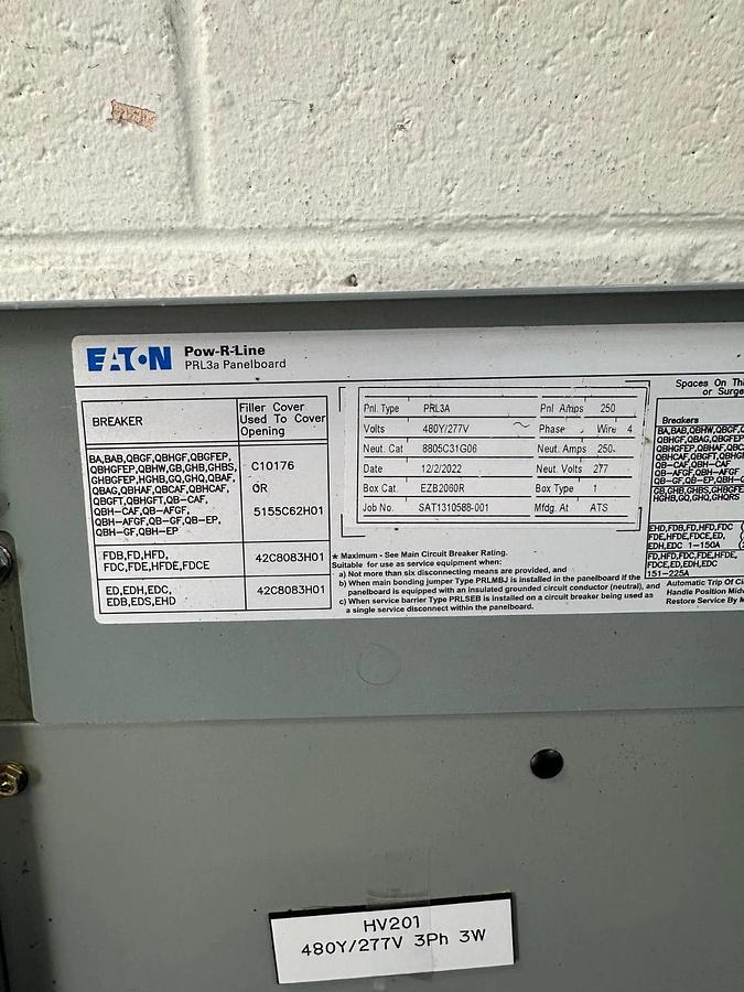 Used Eaton POW-R-Line PRL3A Panel Board, w/ HFDE316032 HFDE 65K 160A Main Breaker