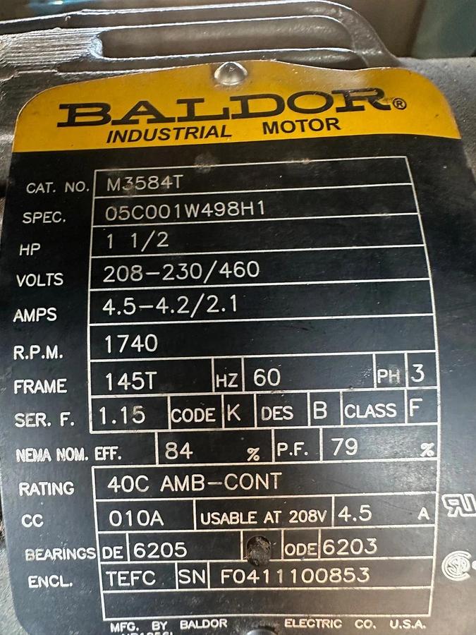 Used New York Blower 20-GI Top Horizontal CW 90, 1.5Hp @ 1740Rpm, 208-230/460V