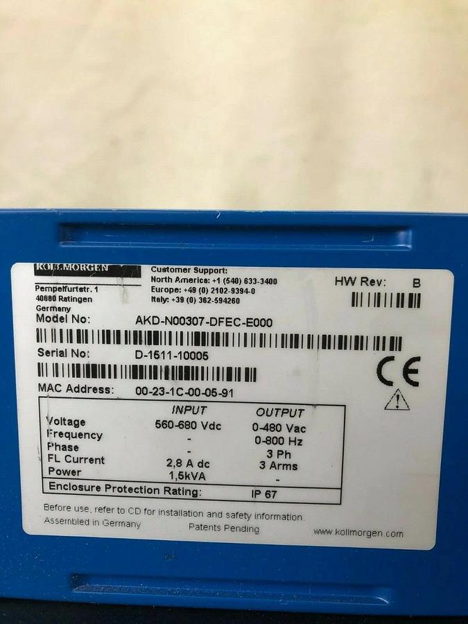 Used Kollmorgen ALD-N00307-DFEC-E000 Servo Drive, 3 Phase, 1,5kVA w/ Connection Cord