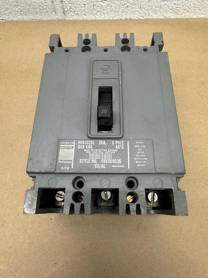 Used Westinghouse HFB3020L Circuit Protector, 20 Amp, 3 Pole, 600 VAC