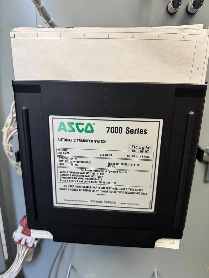 Used Asco D07ATSA20200F5XC 7000 Series Automatic Transfer Switch, 200A, 240V
