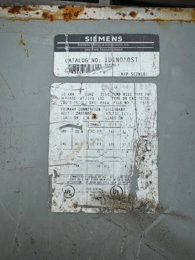 Used Siemens 1D1N010ST Transformer, 10 KVA, 240-480V, Dry Type Transformer
