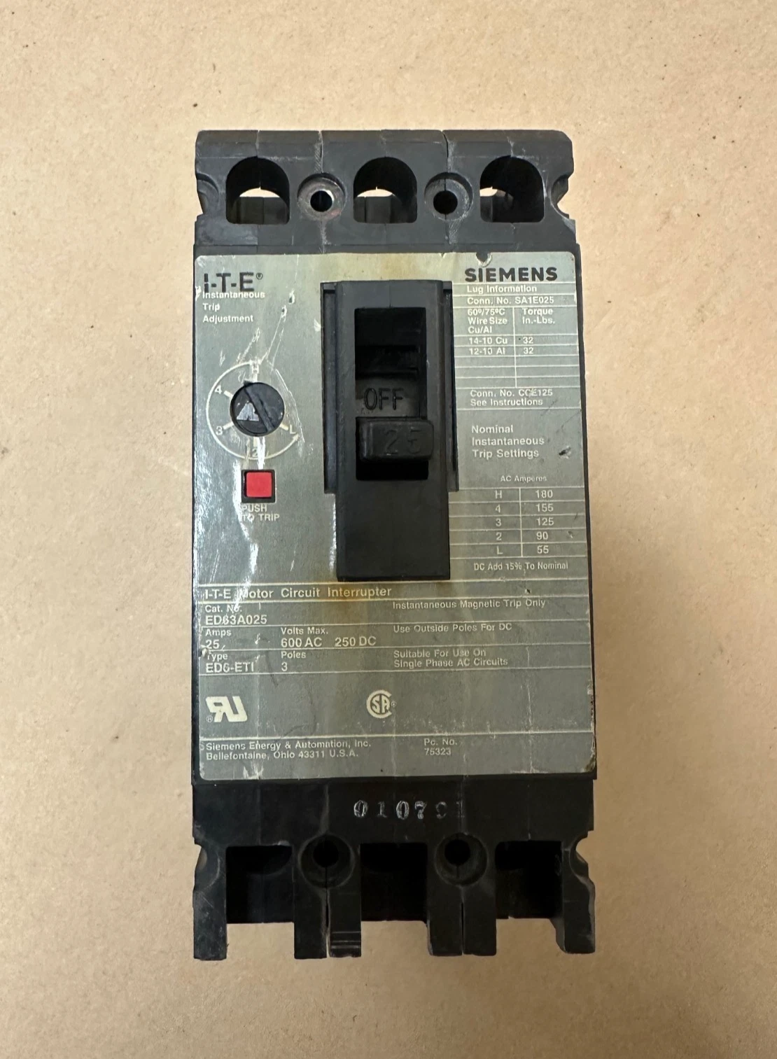 Used Siemens ED63A025 25A 3 Pole Circuit Breaker