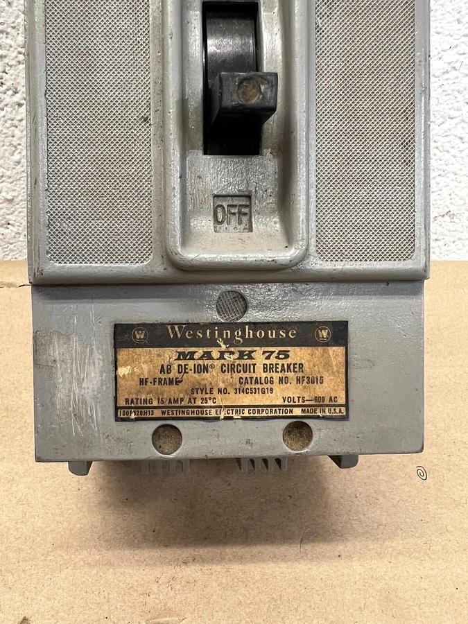 Used Westinghouse HF3015 15A Mark 75 AB DE-ION Circuit Breaker