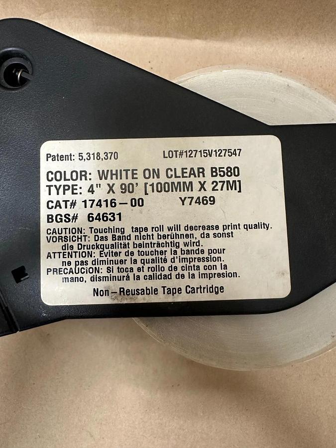 Used Brady B580 White on Clear, 4” x 90’ Label Cartridge