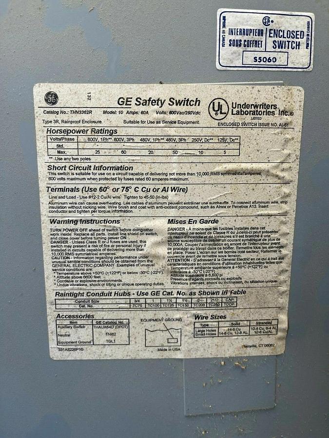 Used General Electric THN3362K Heavy Duty Safety Switch 60 Amp, 600 VAC