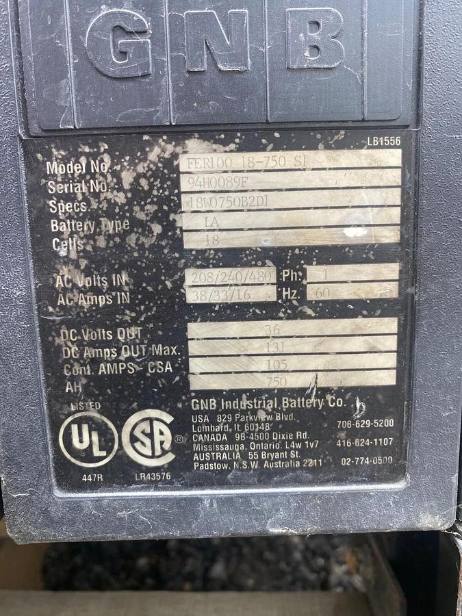 Used GNB Industrial Battery Co. FER100 18-750 S1 Battery Charger, 36VDC