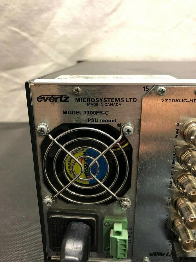 Used Evertz 7700FR-C Audio and Video Multiframe with (7) 7710XUC-HD and (1) 7700FC