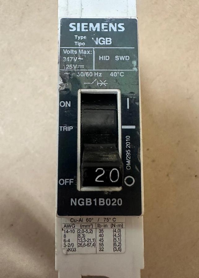 Used Siemens NGB1B020 20A 1 Pole Circuit Breaker