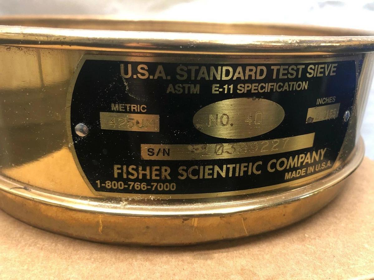 Used Fisher Scientific Brass Test Sieve, No. 40, Pore Size: 425 um, 8” Diameter