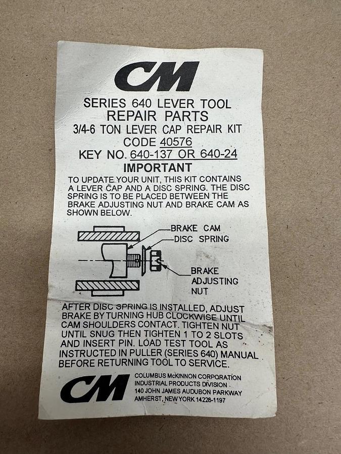 Used Columbus McKinnon 40576 3/4-6 Ton Lever Cap Repair Kit *NEW*