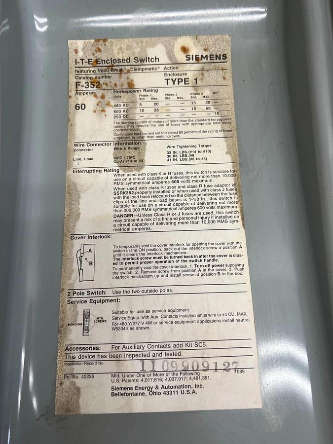 Used Siemens F-352 60A Type 1 I-T-E Enclosed Switch