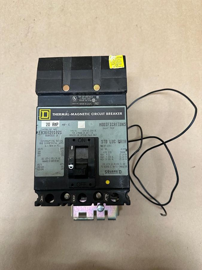 Used Square D FA360201021 20A Thermal-Magnetic Circuit Breaker