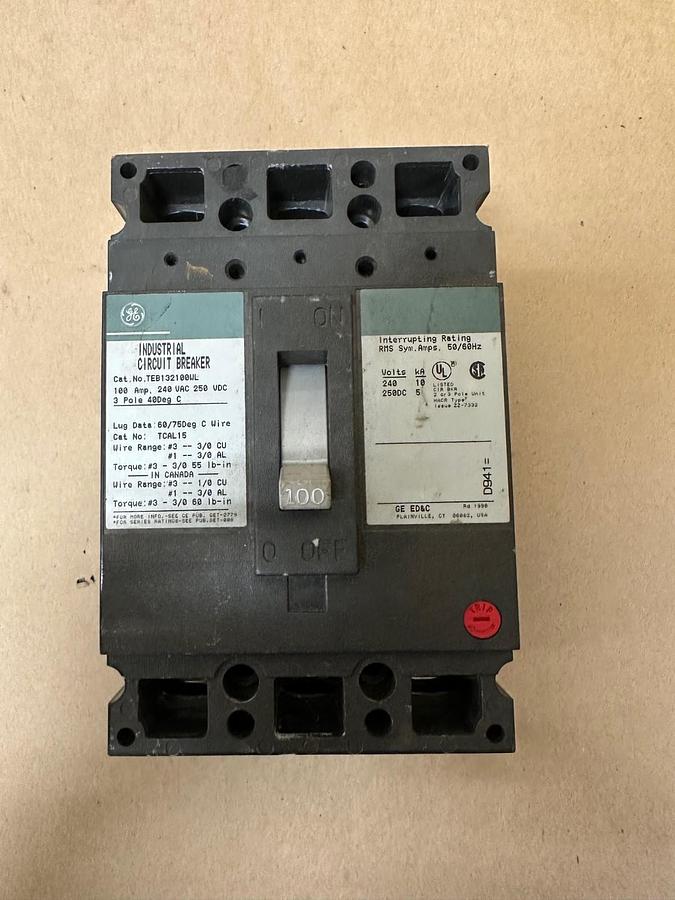 Used General Electric TEB132100WL 100A Industrial Circuit Breaker