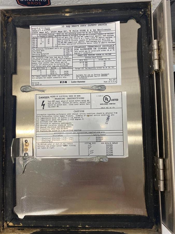 Used Eaton DH367UWK 30 Amp Heavy Duty Safety Switch 600v, 60Hz, 250v