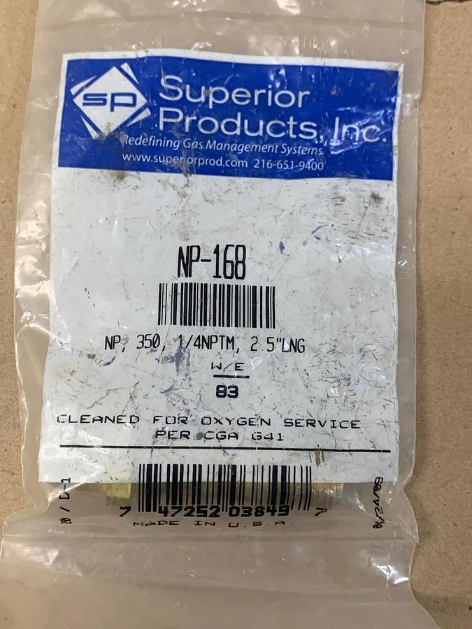 Used Superior Products Inc N-168 NP 350 1/4 NPTM 2.5" LNG Inlet Nipple (Lot of 2)