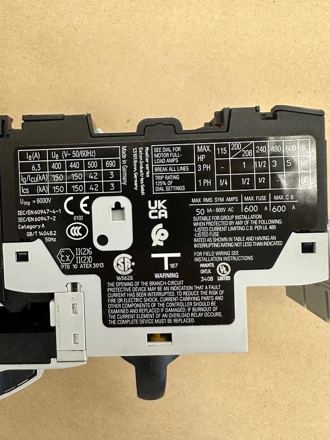 Used Eaton XTPR6P3BC1, R02, M007B Overload Relay with 2 Contactors