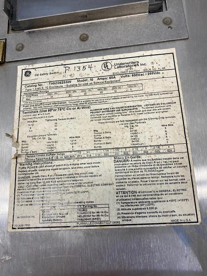 Used General Electric THN3362SSW Safety Switch 60A 600VAC/250Vdc Model:10