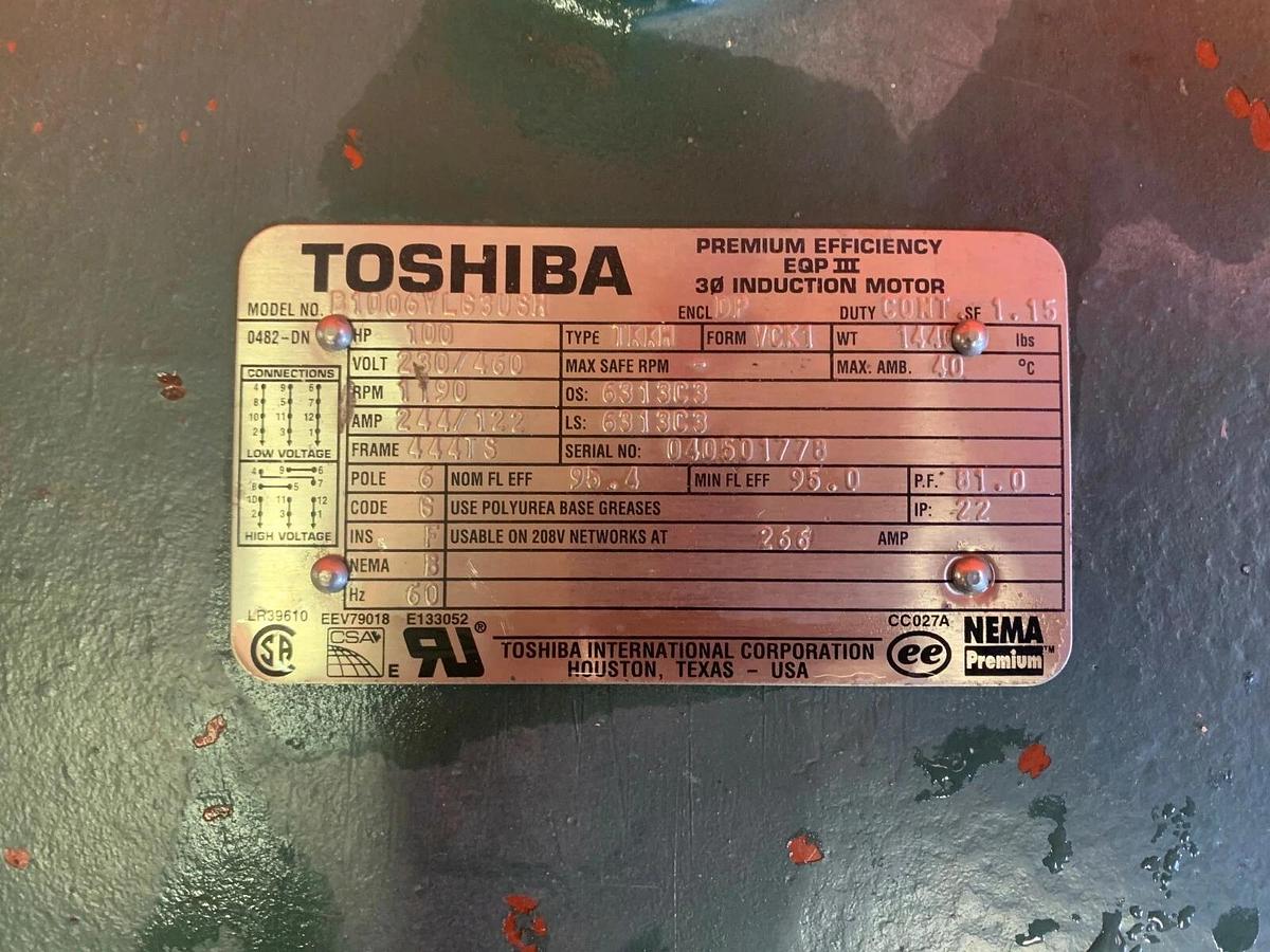 Used Toshiba Electric Motor 100HP 1190 RPM, Frame: TKKH B1006VL63VSH