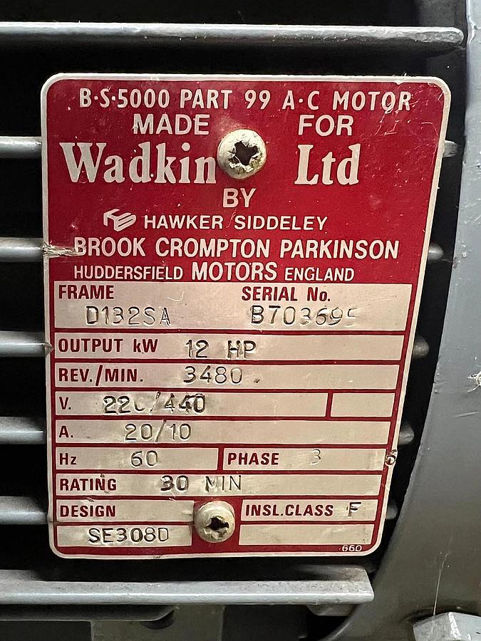 Used Brook Crompton SE308D D132SA, 3PH, 60Hz, 3480 Rev/Min, 220/440V, 12Hp Motor