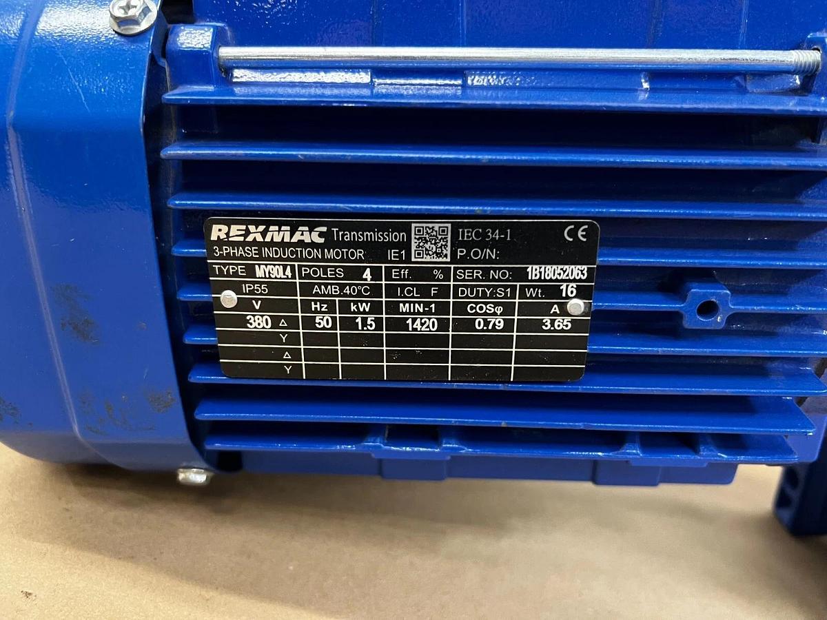 Used Rexmac MY90L4 Type IE1 3-Ph Induction Motor 1.5 KW (2HP) 1420 RPM w/HMRV75-90B5
