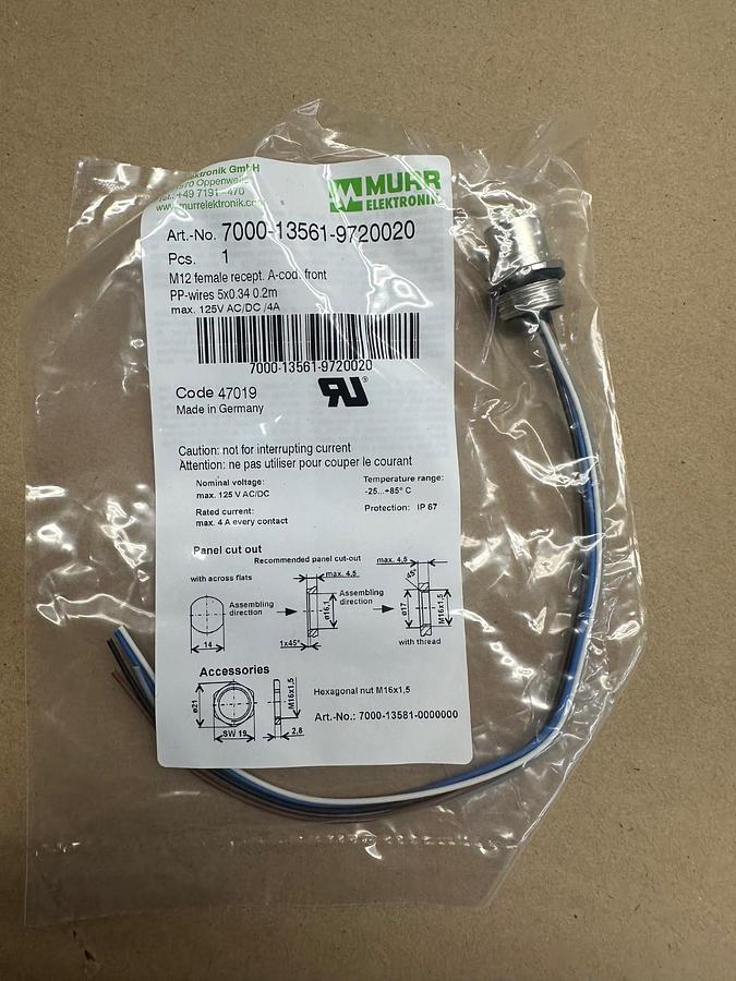 Used MURR Elektronic 7000-13561-9720020 M12 Female Recept. Connector *NEW*