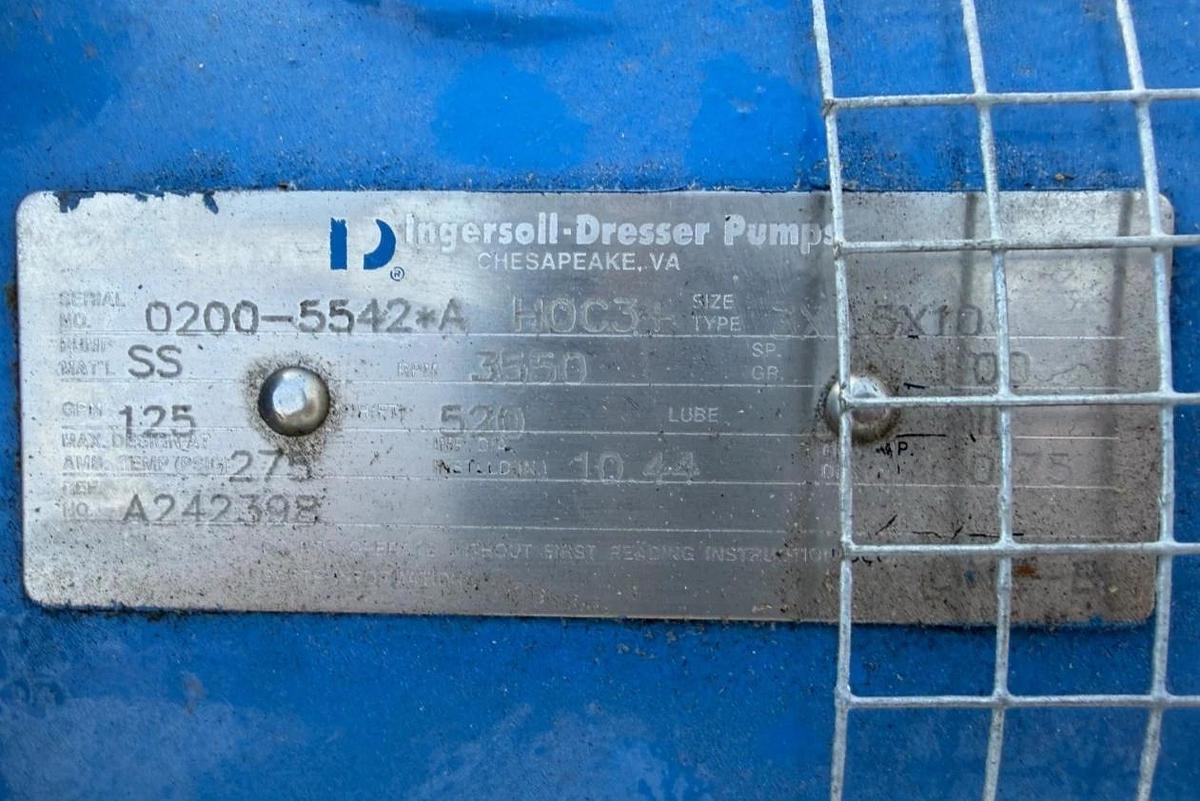 Used Ingersoll Rand 3x1.5x10 Pump Skid w/ Siemens 60Hp Motor @ 3565RPM