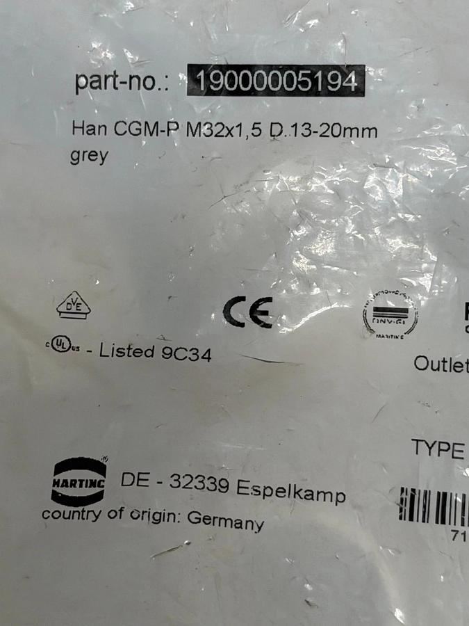 Used Harting 19000005194 Heavy Duty Power Connectors UNI CBL Protection - Lot of 10