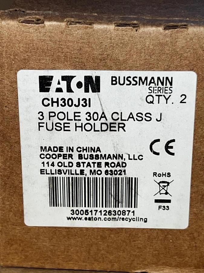 Used EATON CH30J3I 3 Pole 30A Class J Fuse Holder (Qty 2) *NEW*