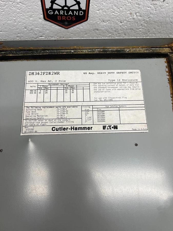 Used Cutler Hammer DH362FDK2WR 600V 60A Heavy Duty Safety Switch