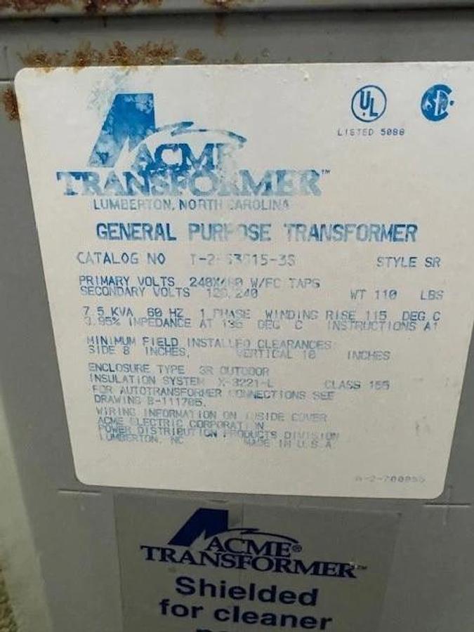 Used Acme Transformer T-2-53515-3S General Purpose Transformer, 7.5KVA, 60Hz, 1 Phase