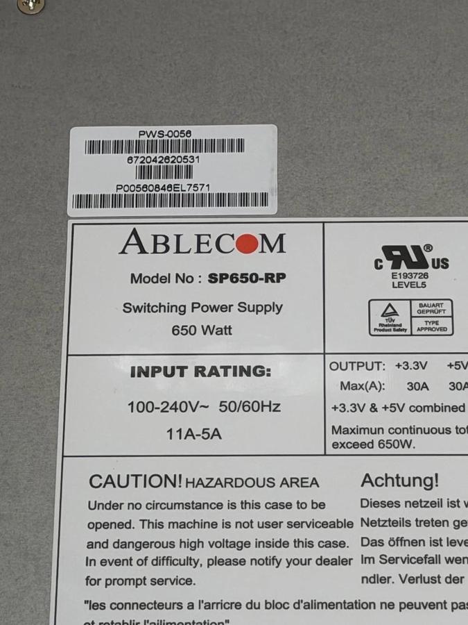 Ablecom SP650-RP Switching Power Supply, 650 Watt *NEW*