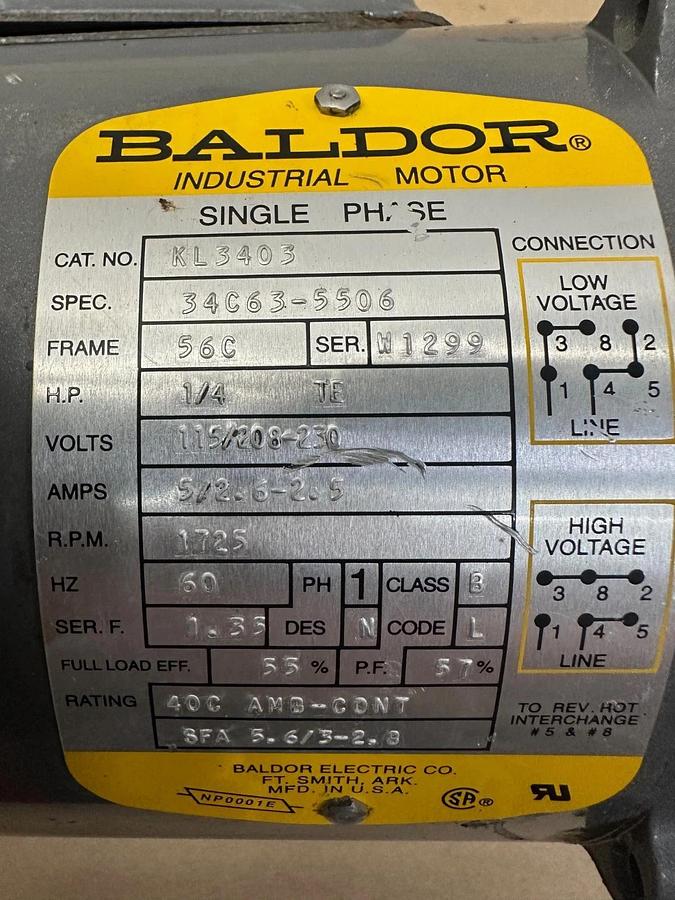 Used Baldor Industrial Motor KL3403 1/4Hp 1725RPM, 115V, 60Hz