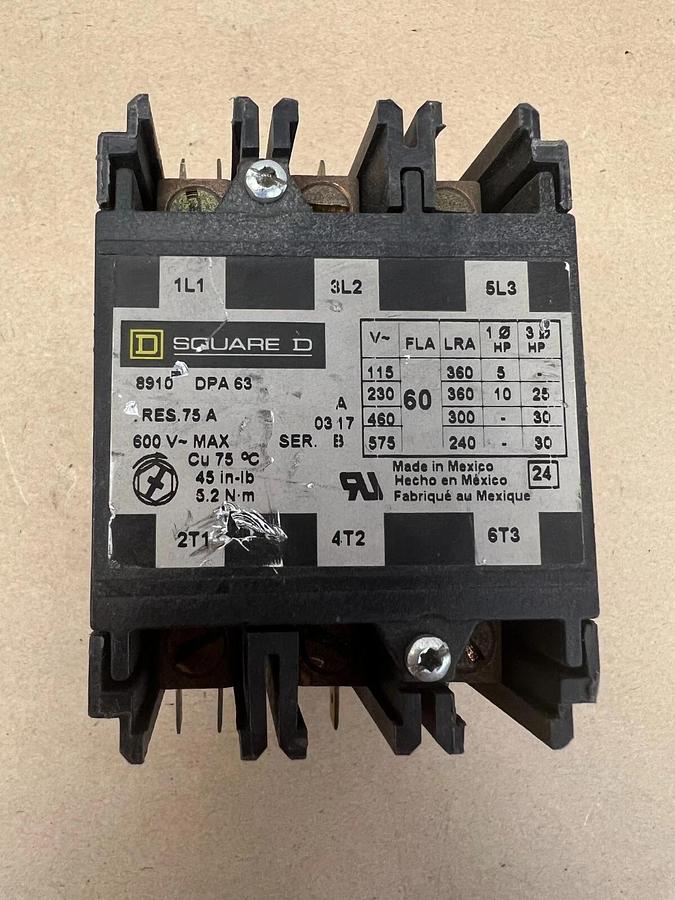 Used Square D 8910 DPA63 Contactor, 600V~Max
