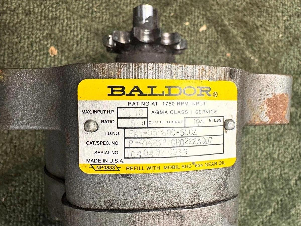 Used Baldor FX1-05-800-560Z Gearbox 1.1Hp Input, 5:1 Ratio, .56kW DC Motor @ 175RPM