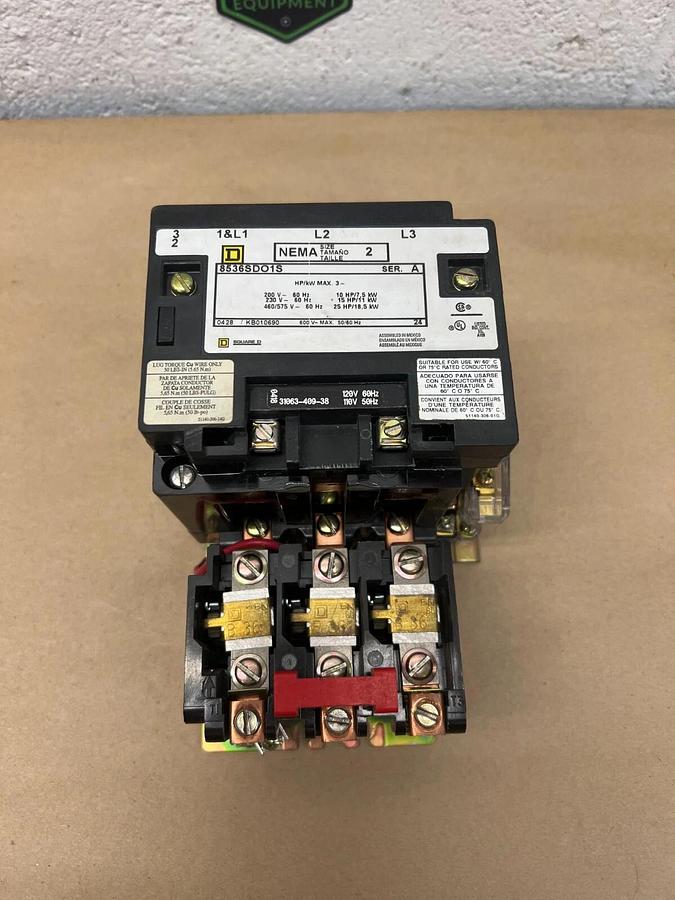 Used Square D 8536SDO1S NEMA Size 2, Ser A Starter, 15Hp @ 230V + 25Hp @460V