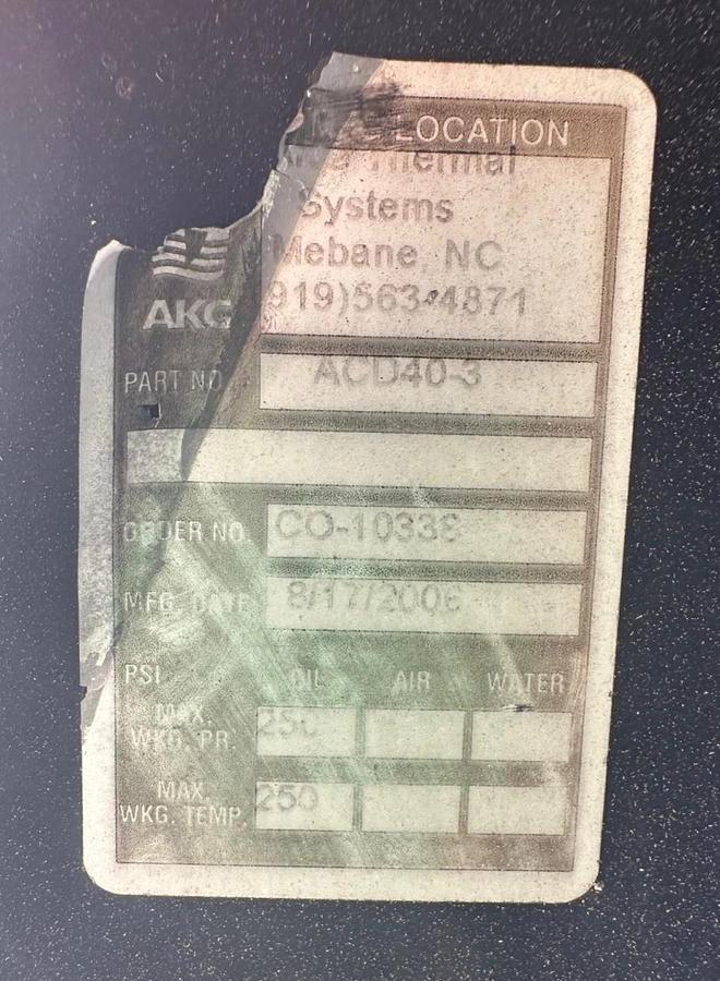 Used AKG ACD40-3 250Psi Heat Exchanger w/ Leeson 110048.00 1Hp Motor @ 1725Rpm