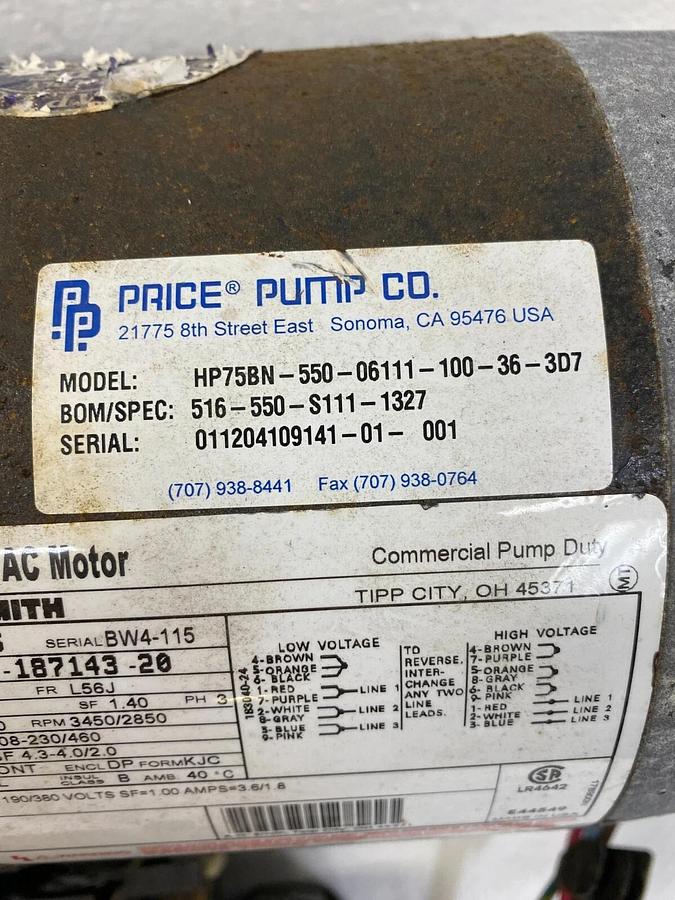 Used Price Pump Co. HP75BN-550-06111-100-36-3D7 Century AC Motor 1hp, 3ph, 50hz