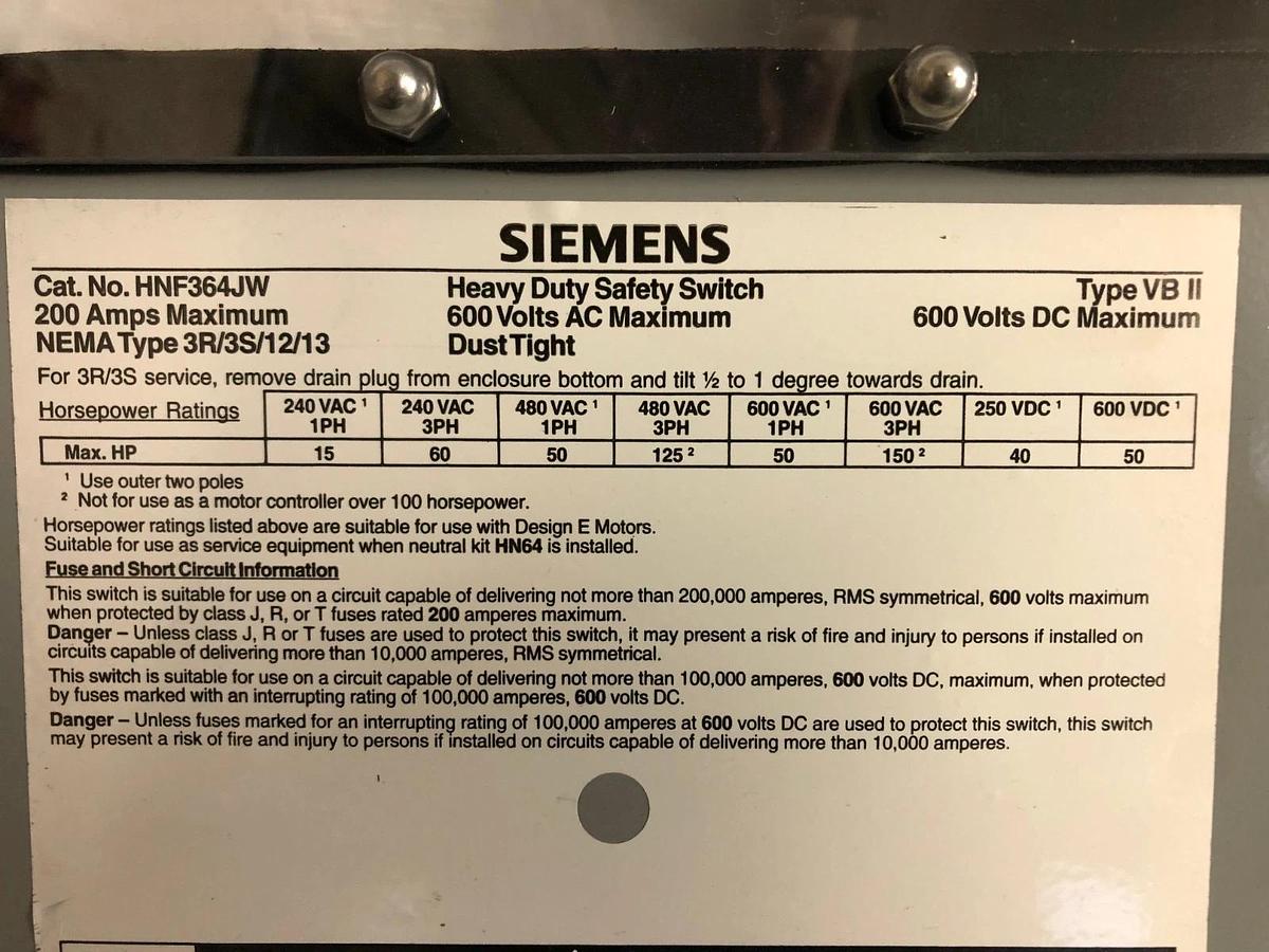 Siemens HNF364JW Heavy Duty Safety Switch, 200A 600VAC 600VDC *NEW*