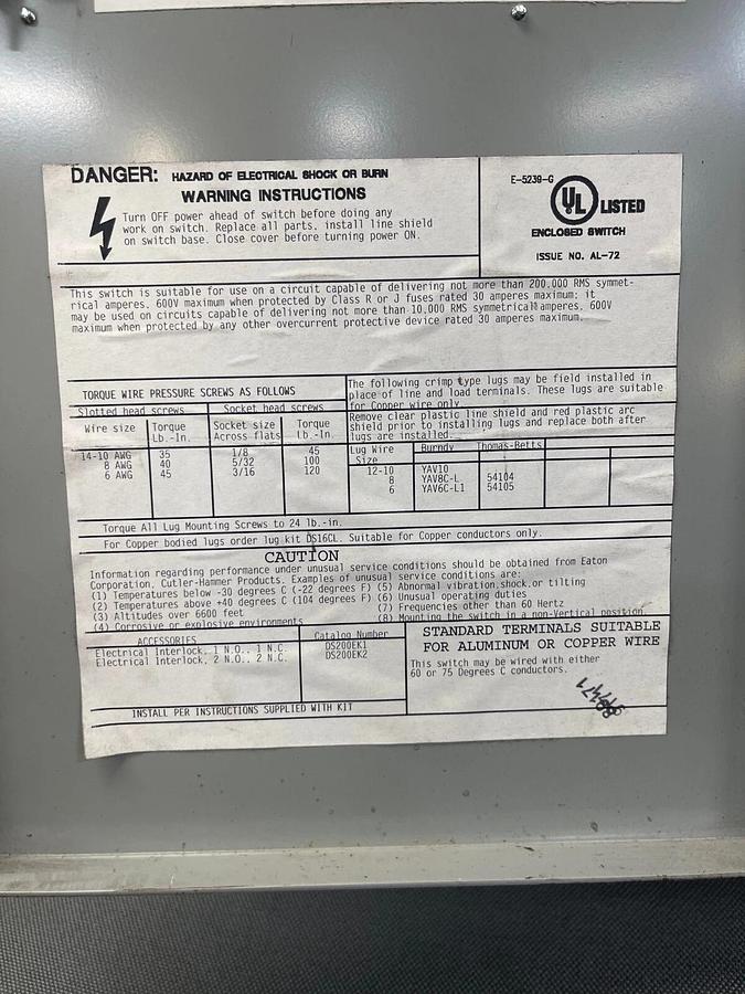Used Eaton Cutler-Hammer DH361UGK , 30 A, Non-fused Safety Switch