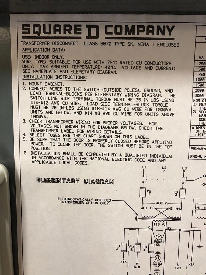 Used Square D Class 9070 Transformer Disconnect SK250G1
