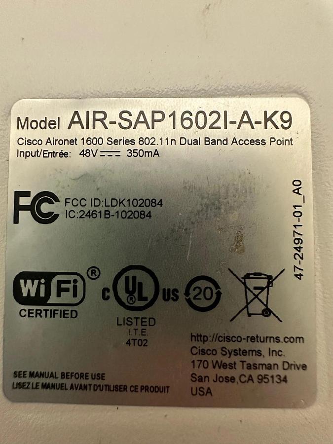 Used CISCO AIR-SAP1602I-A-K9 Wireless Access Point - Lot of 2